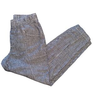 Blue and white striped trousers with elastic waist